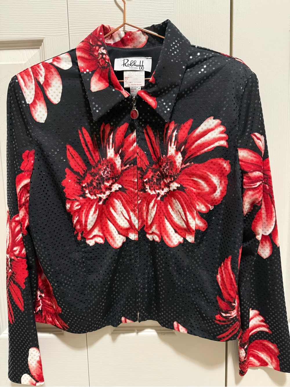Joseph Ribkoff EUC Size 14 lightly sequinned Black Jacket with Red Floral Print